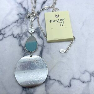 New envy Jade & Jasper Silver Tone Necklace Long Chain Circle Pendant